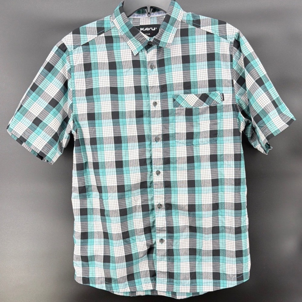 KAVU Klear Above Shirt Mens M Teal Black Plaid Short Sleeve Button Up Gorpcore